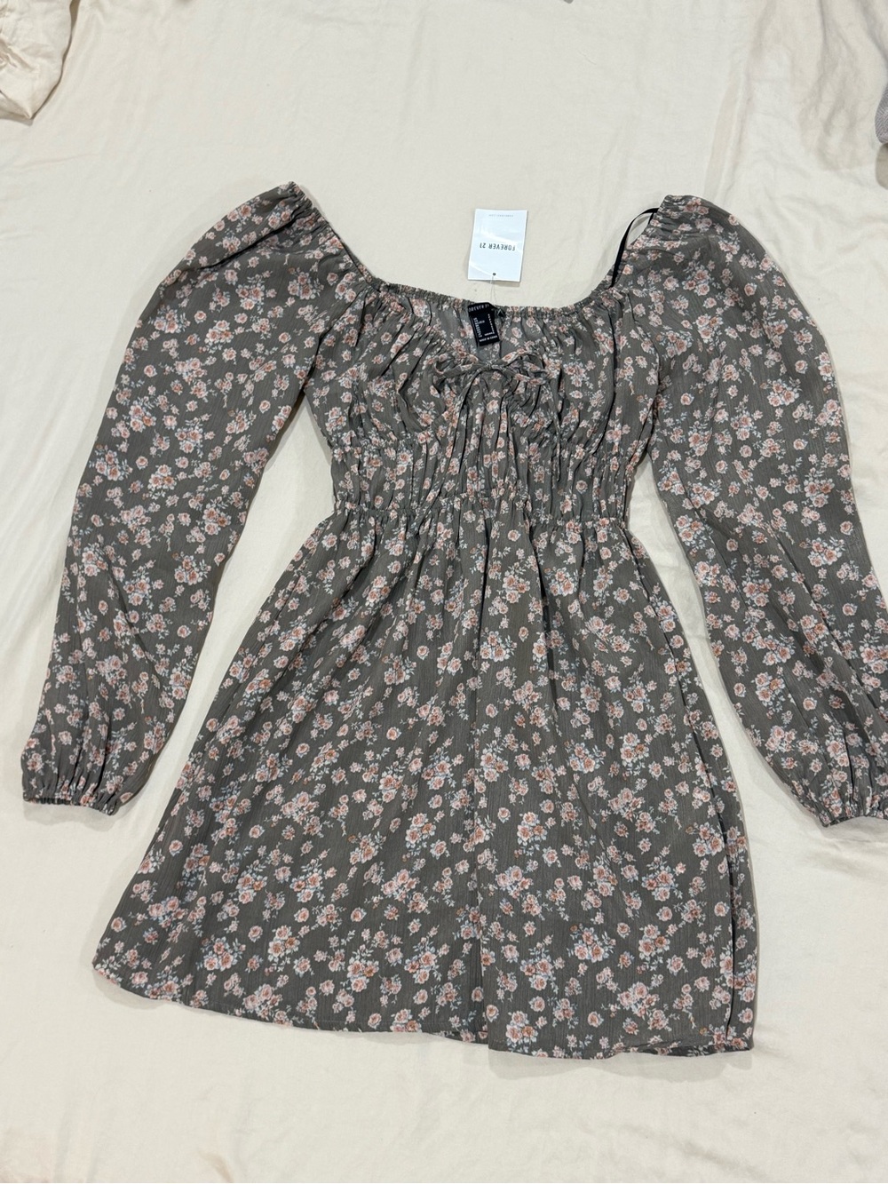 Forever 21 Brown & Pink Floral Smocked Mini Dress with Puff Sleeves NWT